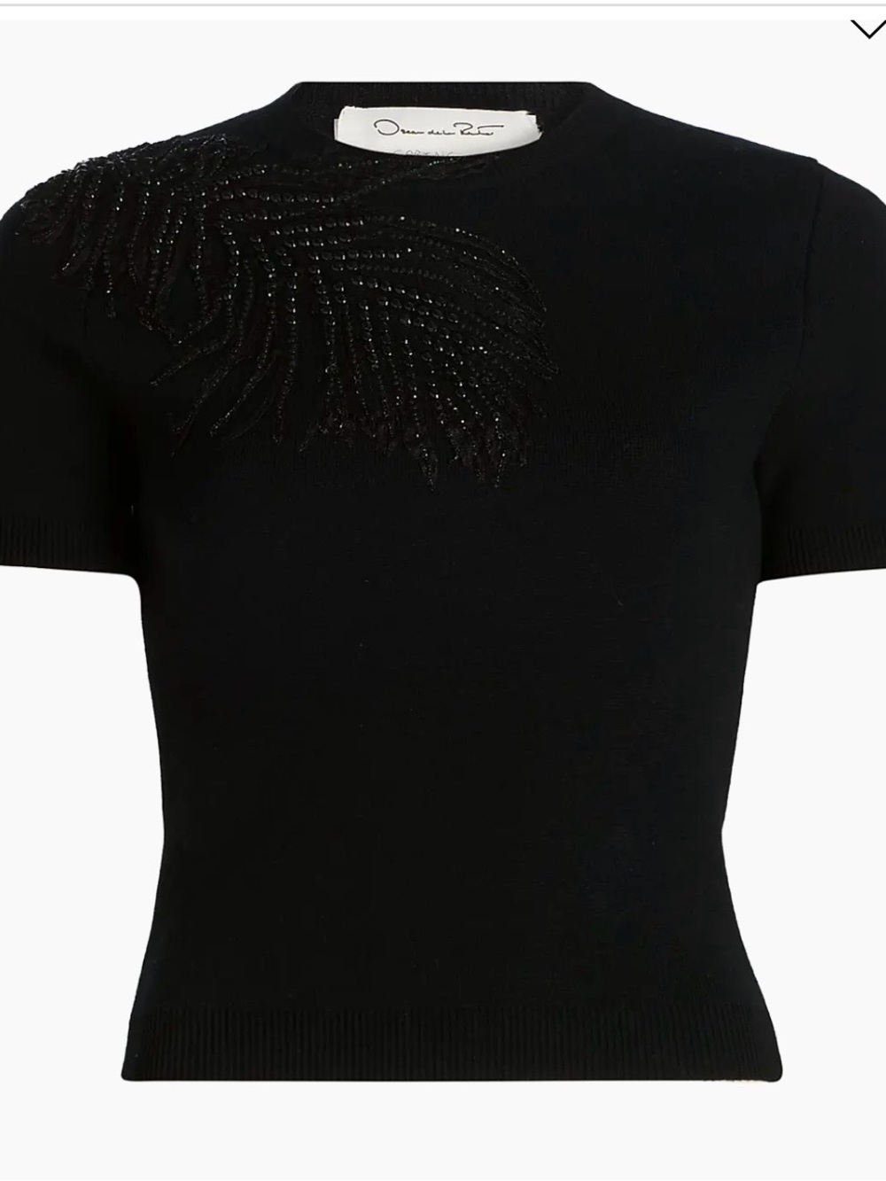 Oscar de la Renta Black Short-Sleeve Knit Top with Beaded Feather Detail